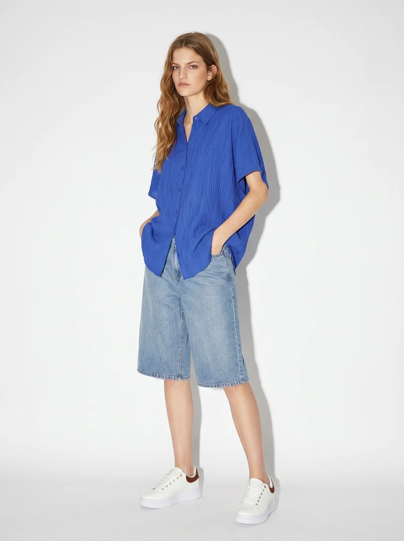 Camicia Kimono Smanicata con Pieghine - Azzurro