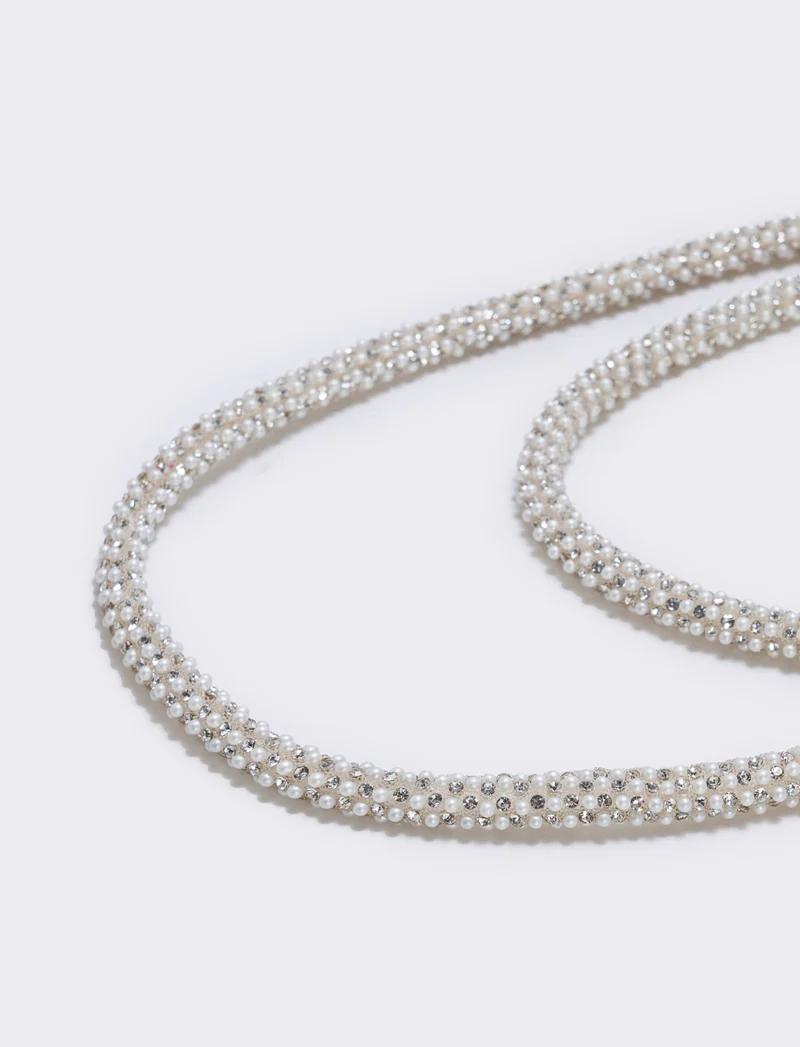 Collana tubolare con perle e strass - Argento