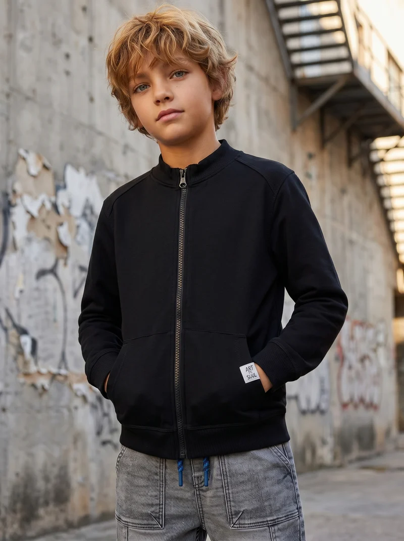 Felpa collo alto con zip e tascone - Nero