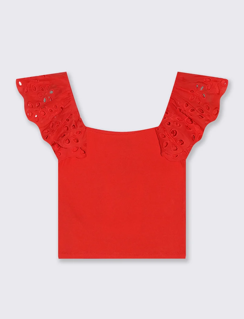 Top con pizzo e scollo quadrato a coste - Corallo