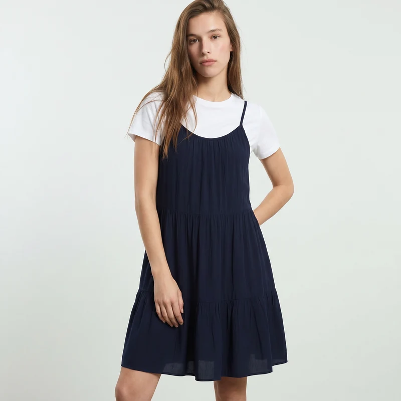 Vestito corto con bretelle e balza - Blu