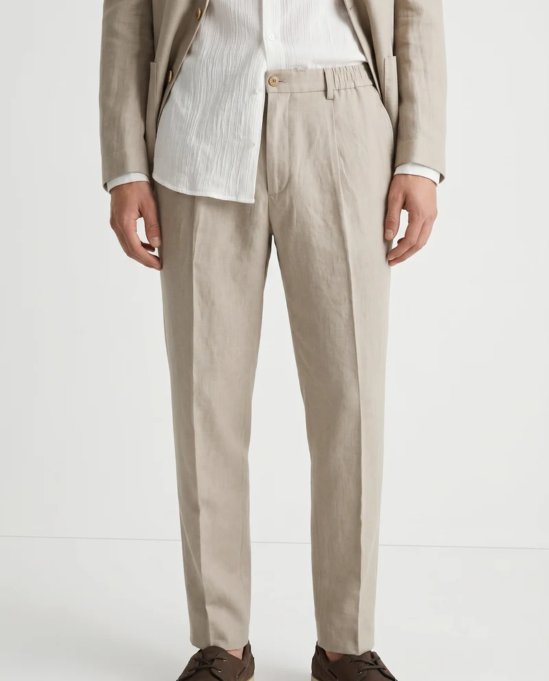 Pantaloni in puro lino con vita regolabile - Beige