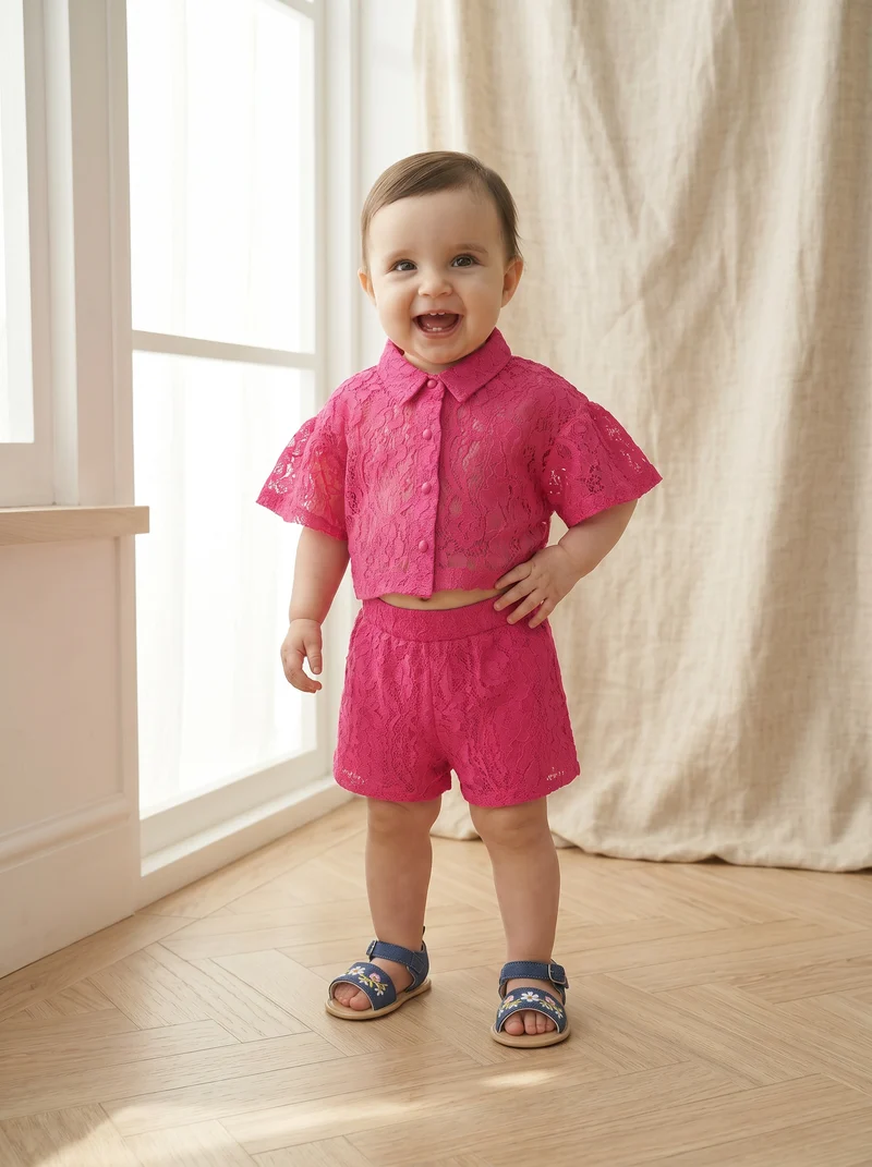 Camicia corta in pizzo con maniche ampie - Fuxia