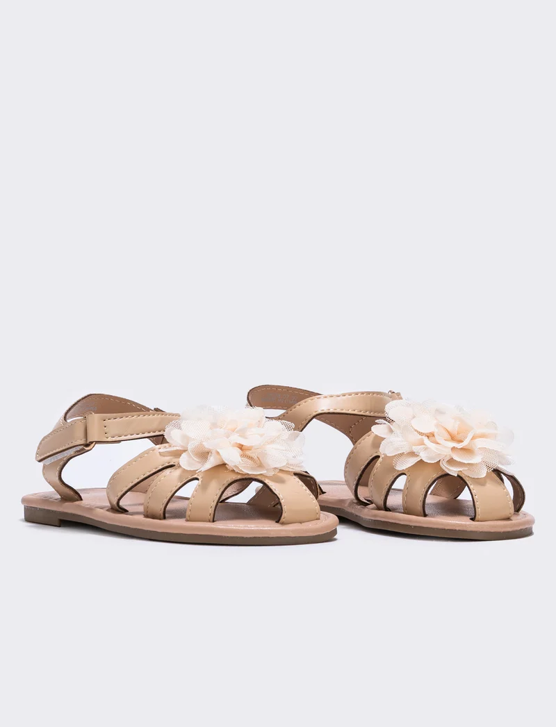 Sandalo beige con fiore in tulle da bambina - Beige