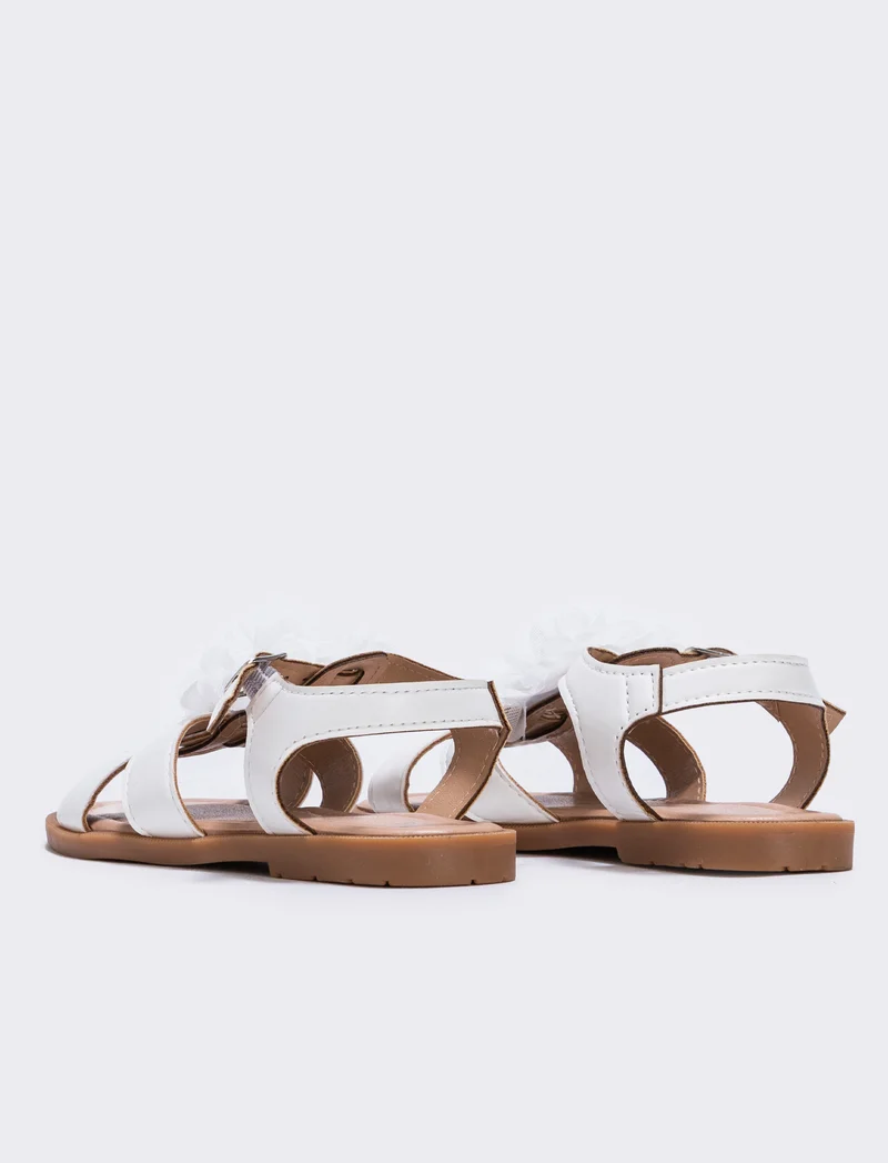 Sandalo bianco con fiore in tulle per bambina - Bianco