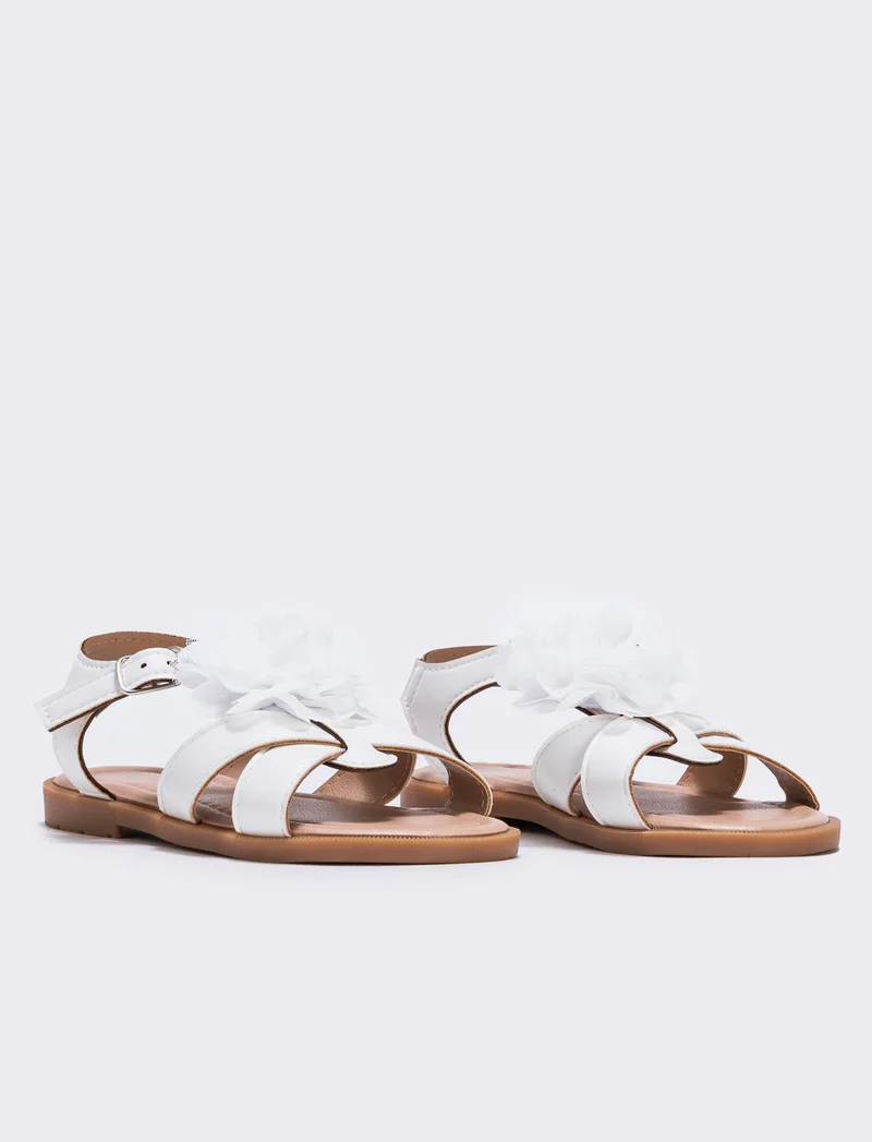 Sandalo bianco con fiore in tulle per bambina - Bianco