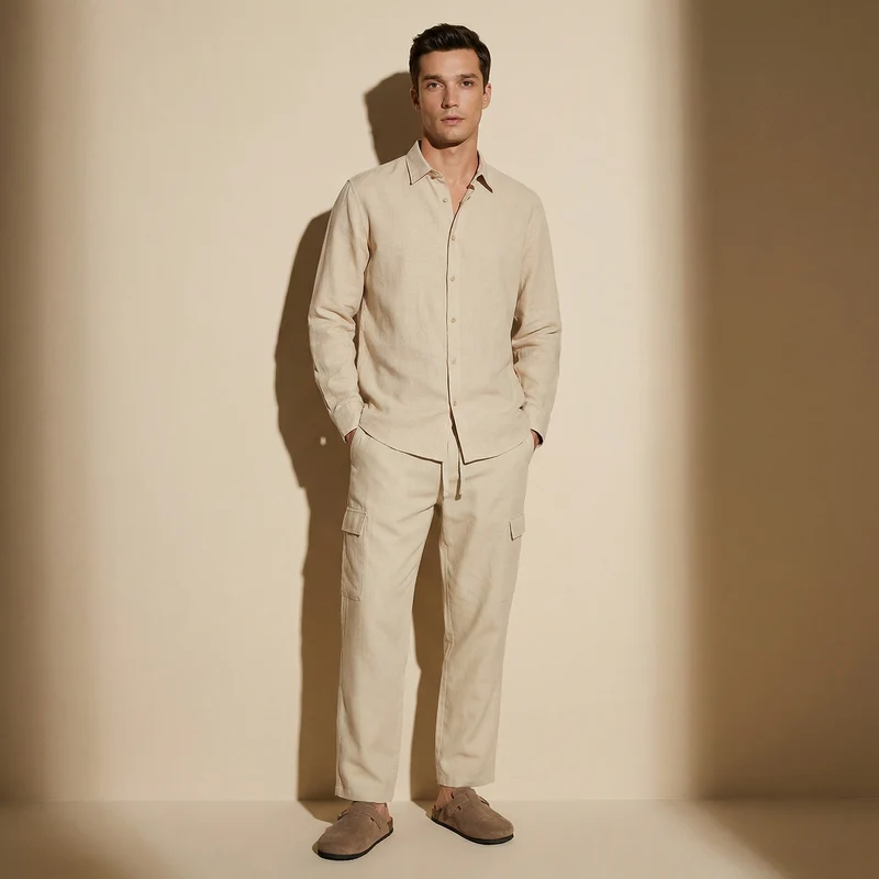 Camicia melange in cotone e lino - Beige ecru