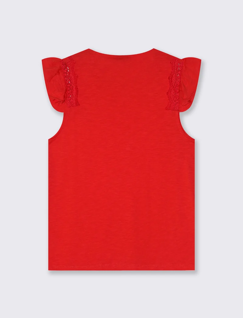 Maglia in pizzo con maniche ad aletta - Corallo