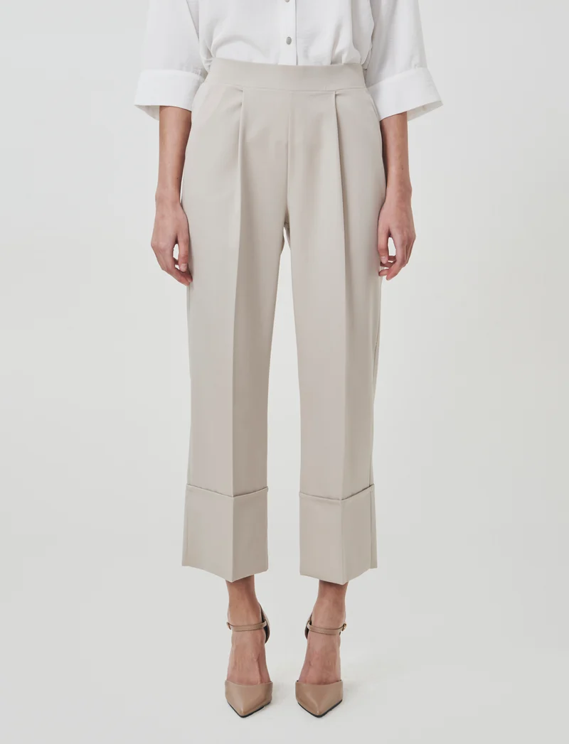 Pantalone Coulotte con Elastico e Risvolto - Beige