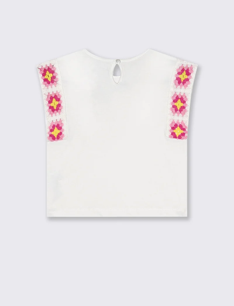 T-shirt in cotone con maniche crochet - Bianco latte