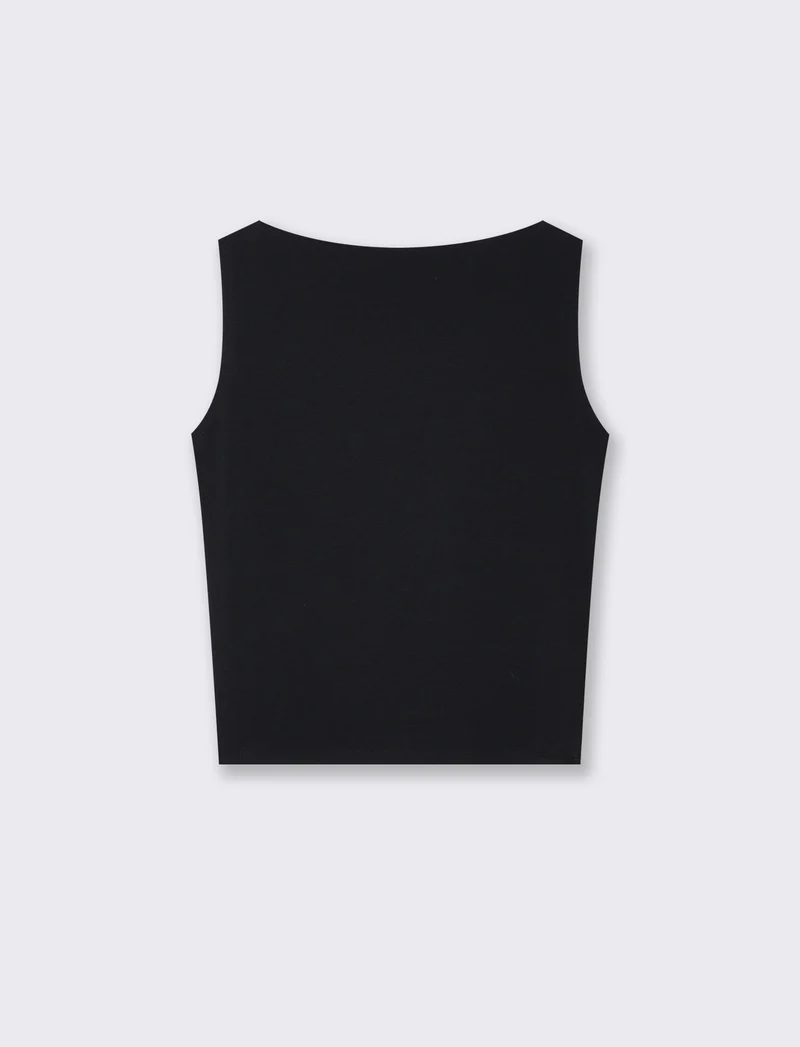Top smanicato in cotone con scollo barca - Nero
