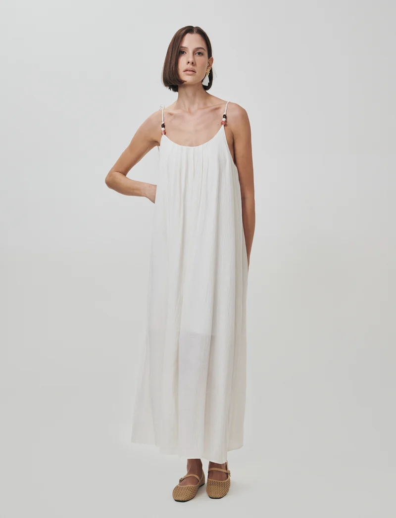 Vestito lungo leggero con pieghe e fiocco - Avorio