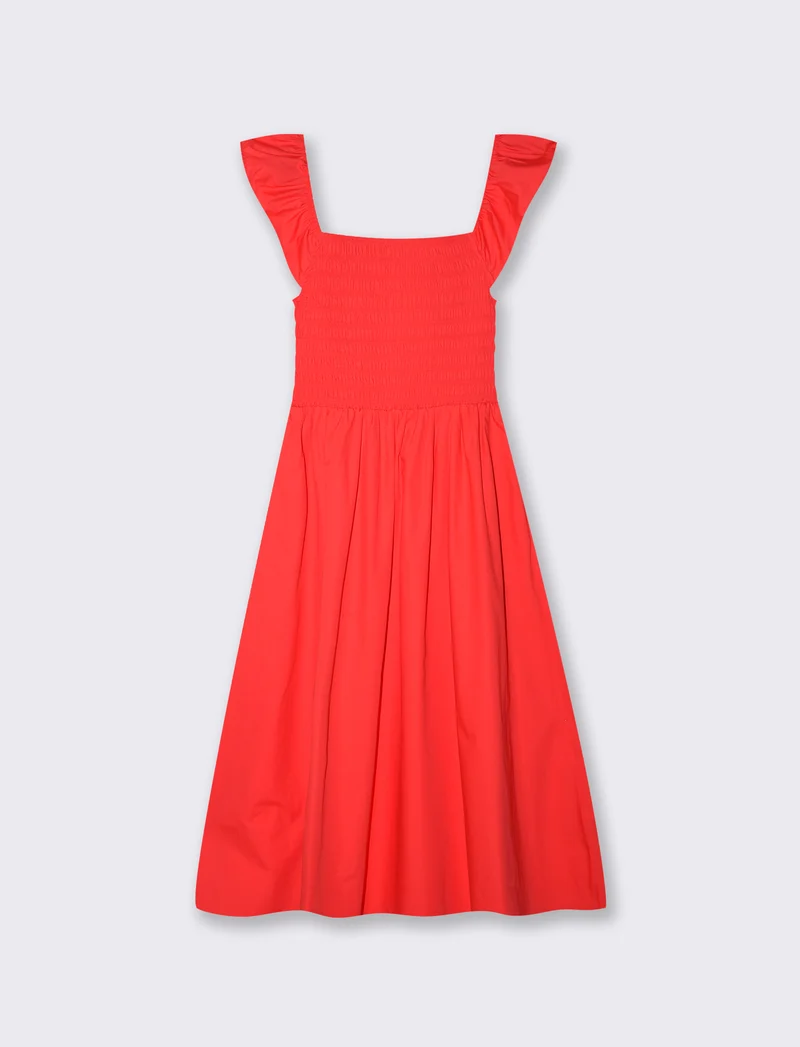 Abito lungo con busto smock e volant - Corallo