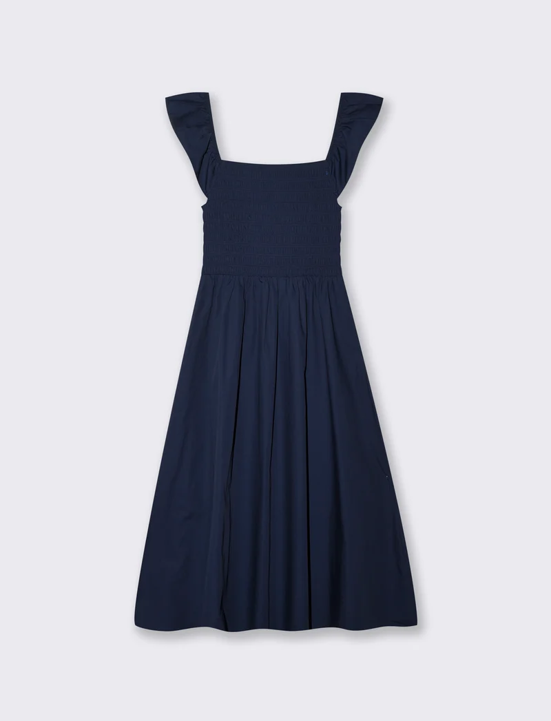 Abito lungo con busto smock e volant - Blu