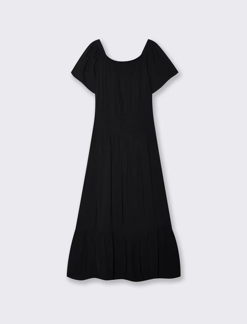 Vestito lungo off shoulder con arricciature - Nero