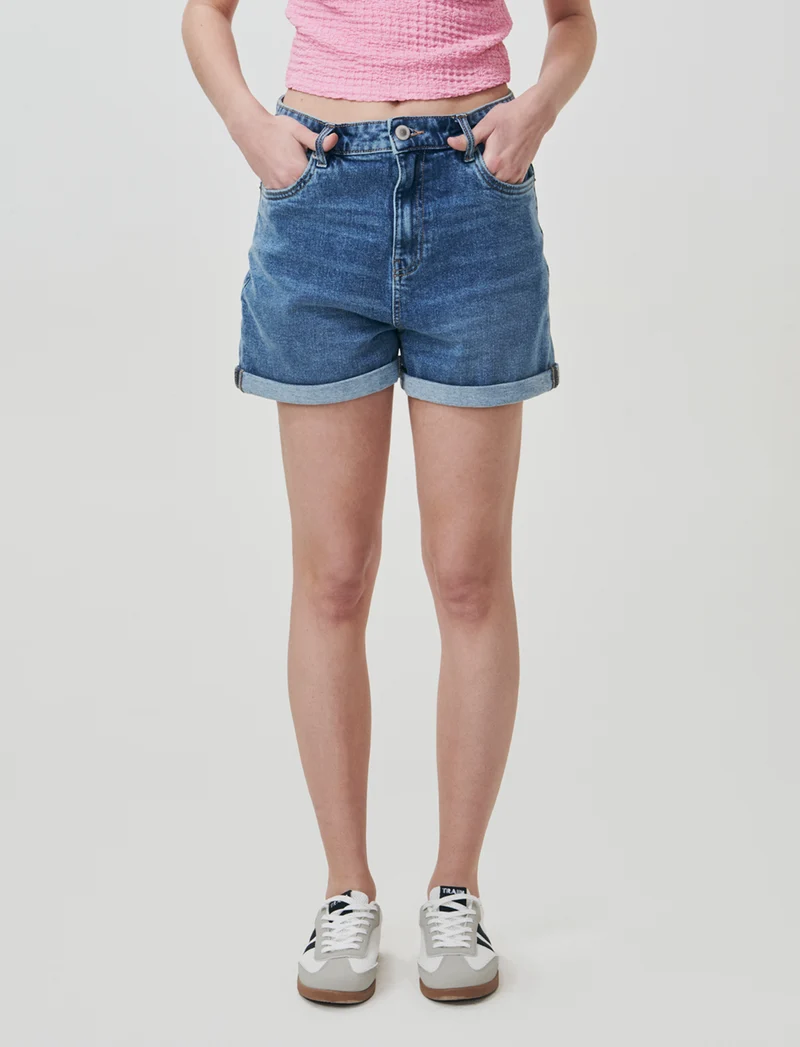 Short vita con bottoni e risvolto - Denim