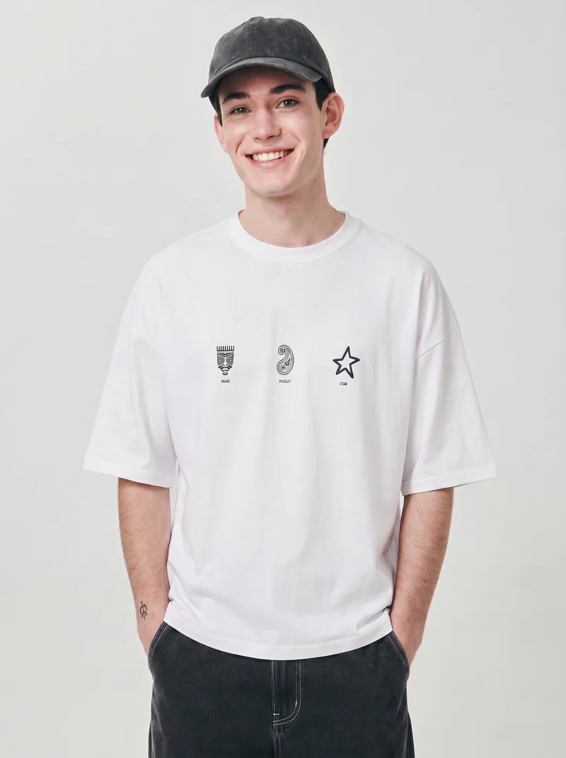 T-shirt boxy fit con stampe e ricami - Bianco