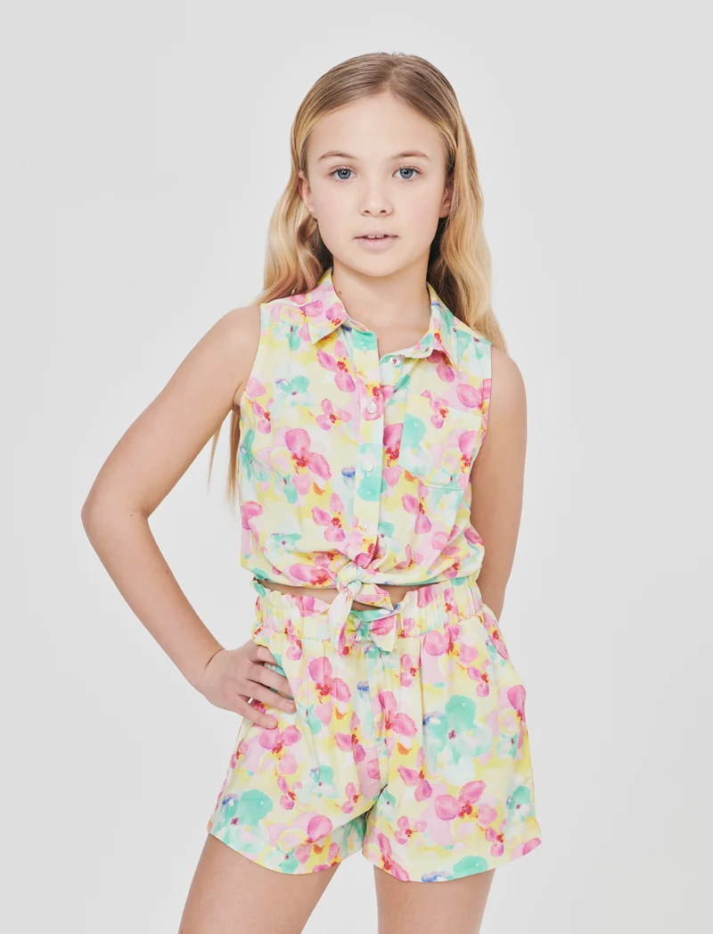Camicia estiva bambina con fiocco e stampa - Giallo