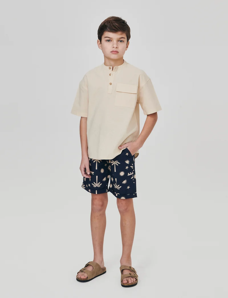 Short in cotone stampato con lacci - Blu