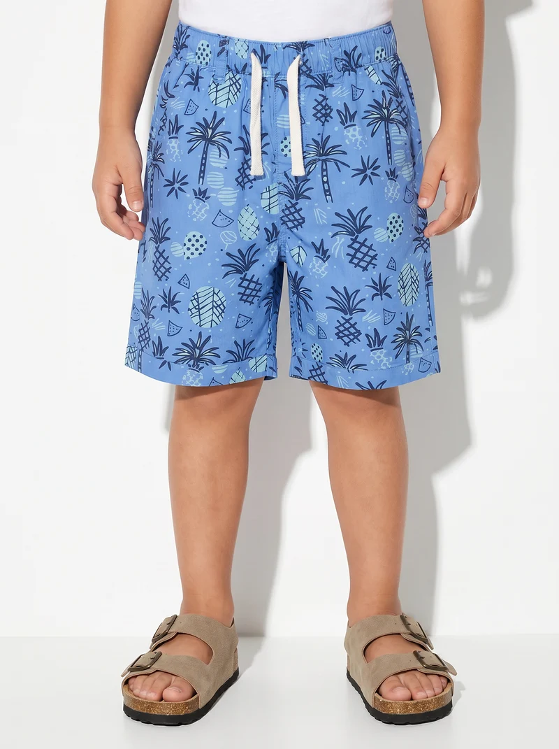 Short in cotone stampato con lacci - Azzurro
