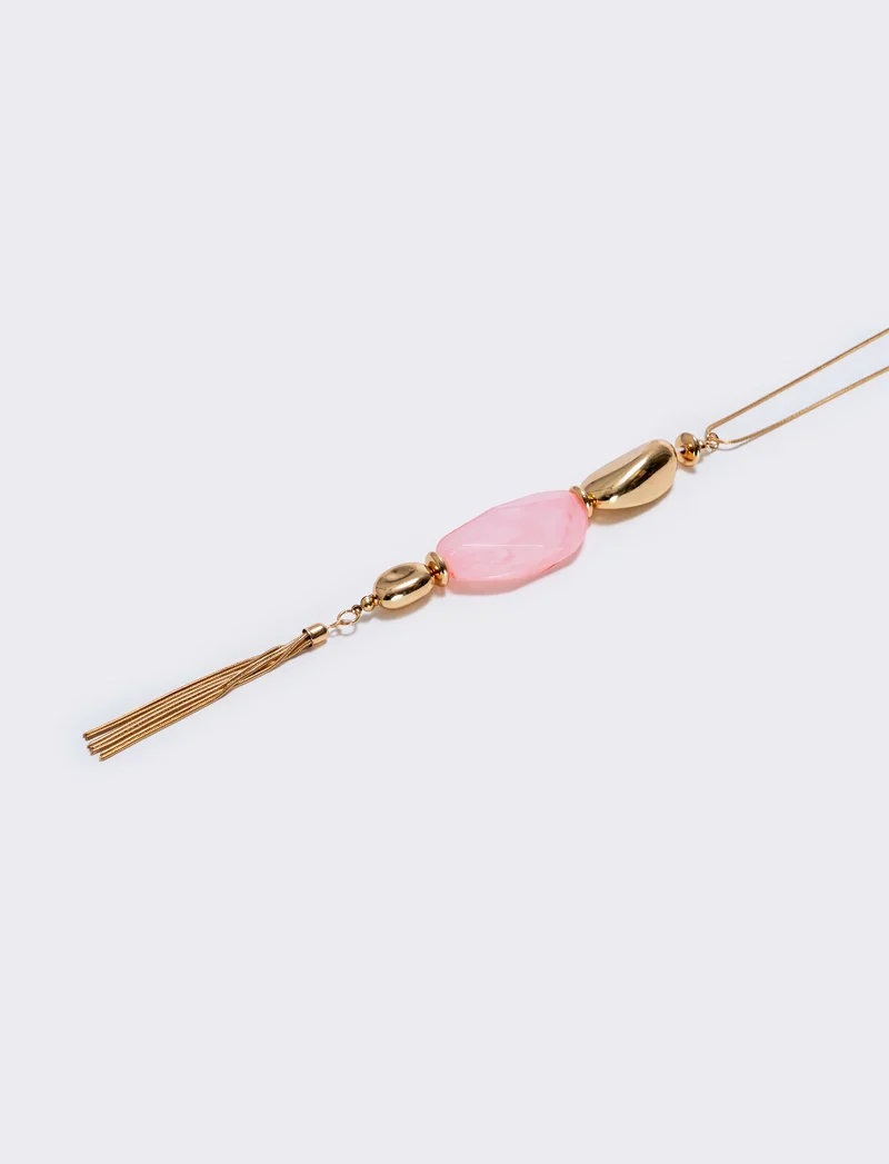 Collana lunga con pietra e nappina elegante - Rosa