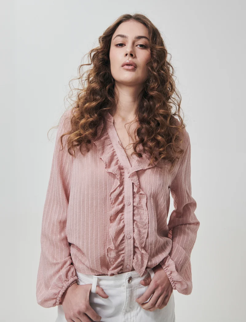 Camicia con Rouches e Collo Coreano - Rosa antico