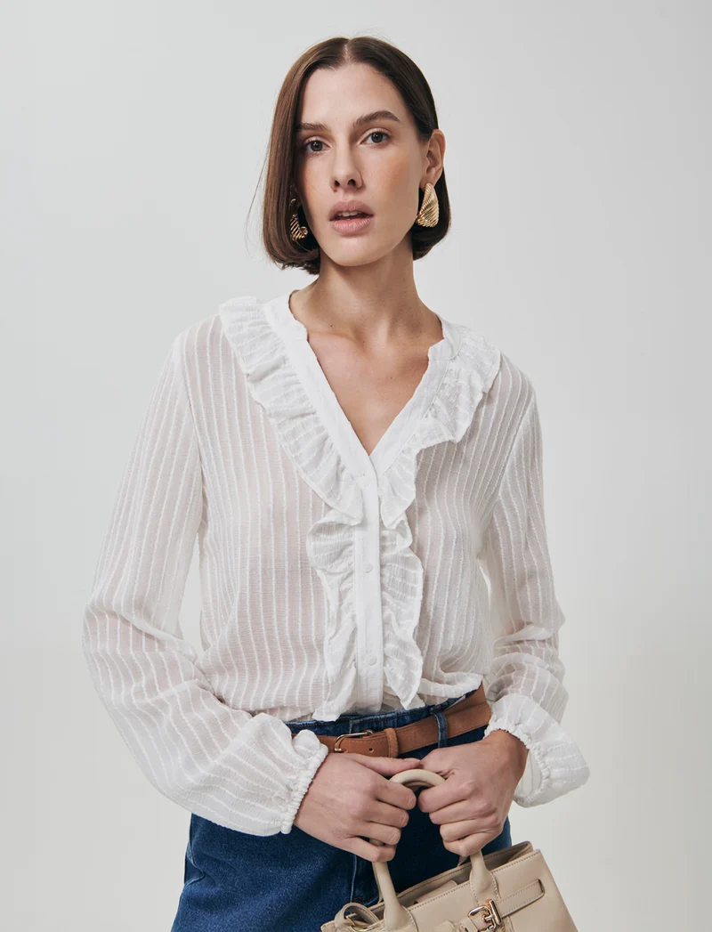 Camicia con Rouches e Collo Coreano - Avorio