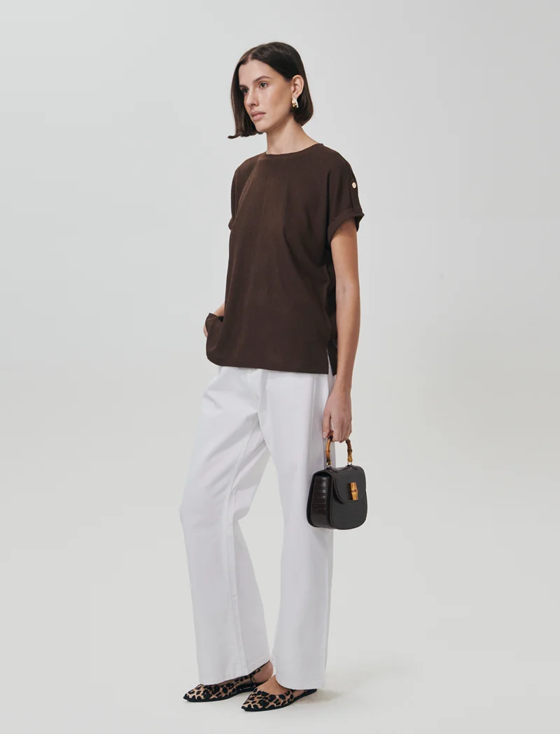 T-Shirt Basica Manica Corto con Spacchetti - Marrone cioccolato