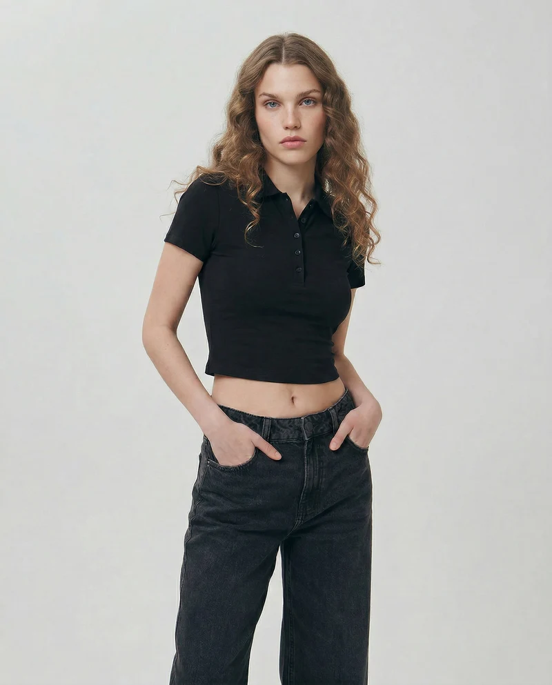 Polo a Coste Crop Mezza Manica - Nero