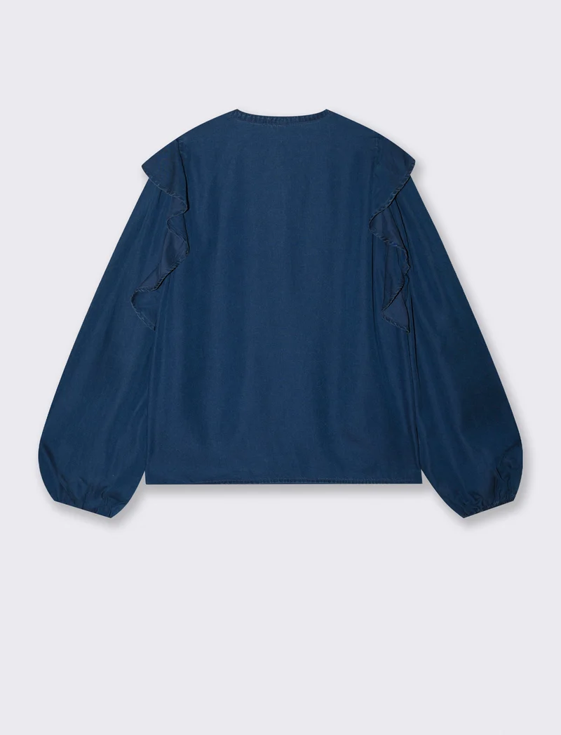 Blusa Manica Lunga con Scollo a V e Rouches - DENIM SCURO