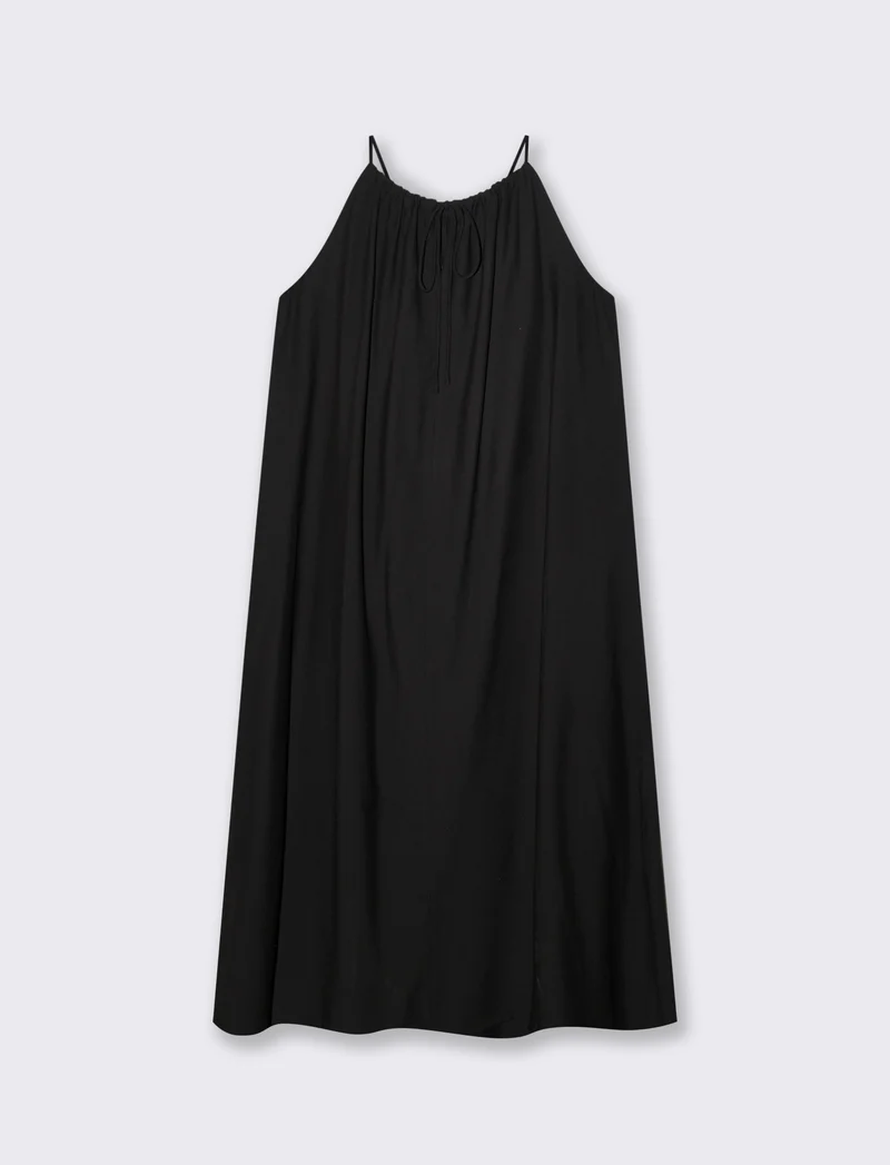 Vestito lungo con collo arricciato e svasato - Nero