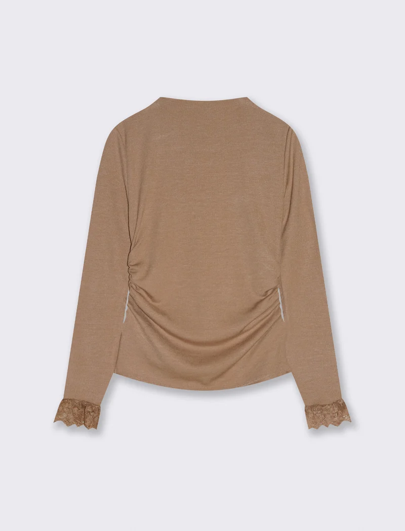 Tshirt manica lunga con pizzo a fondo manica - Cammello