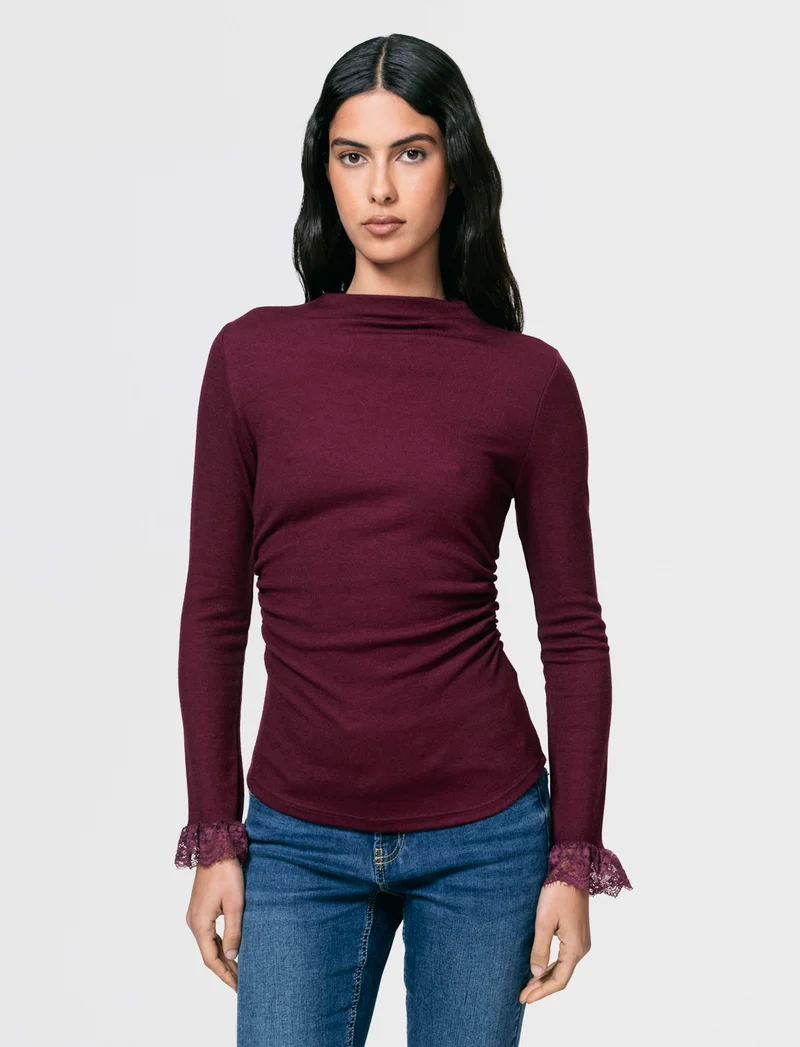 Tshirt manica lunga con pizzo a fondo manica - Bordeaux