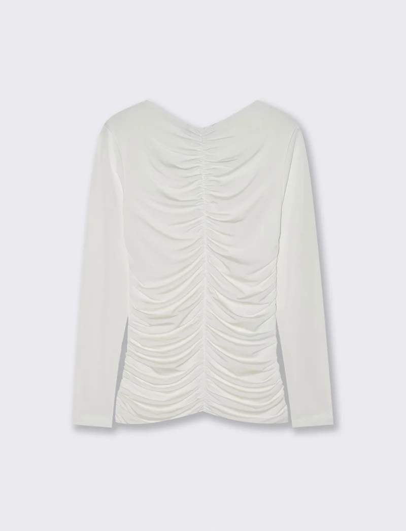 Tshirt elastica manica lunga con arriccio - Bianco latte