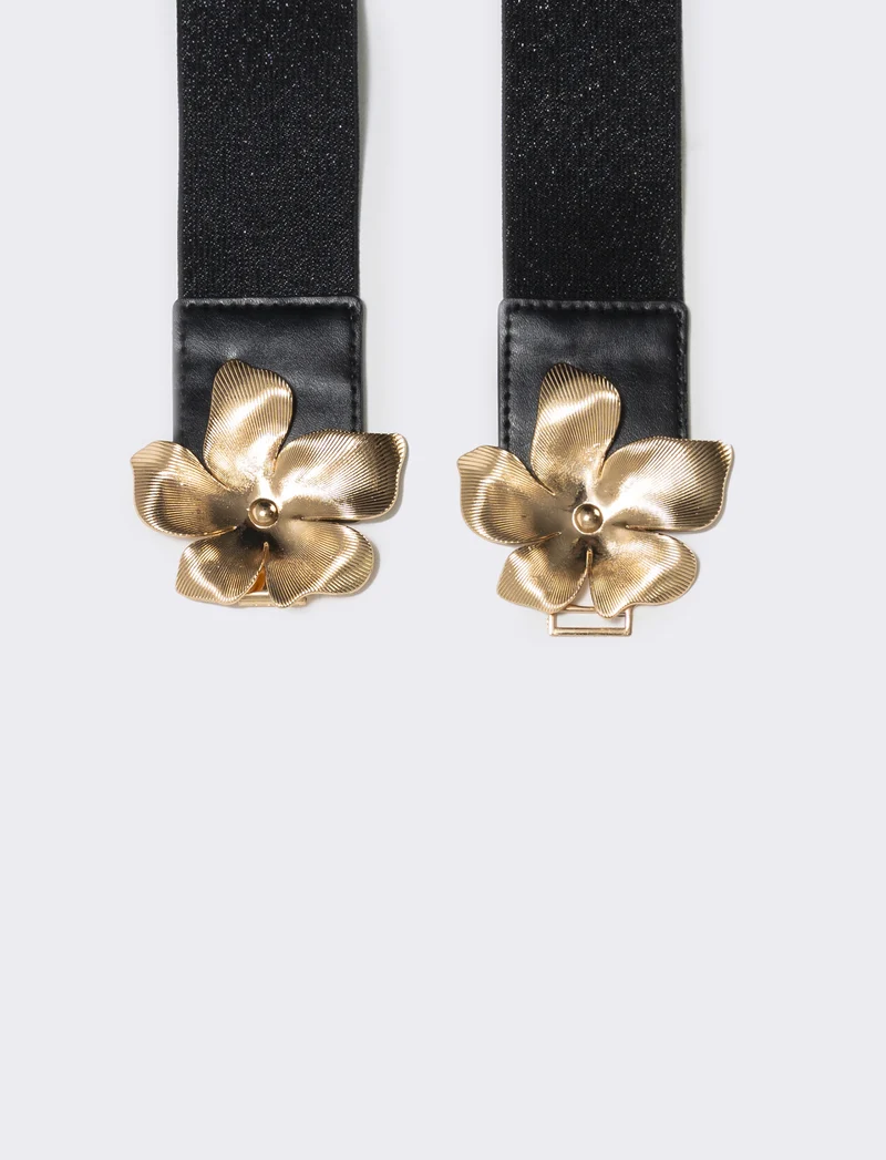 Cintura elastica lurex con fibbia fiore - Nero
