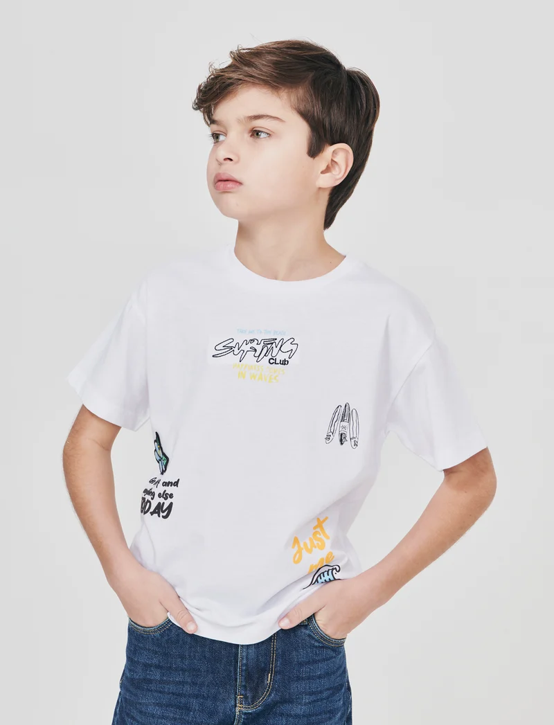 T-shirt surf con stampa e ricami - Bianco
