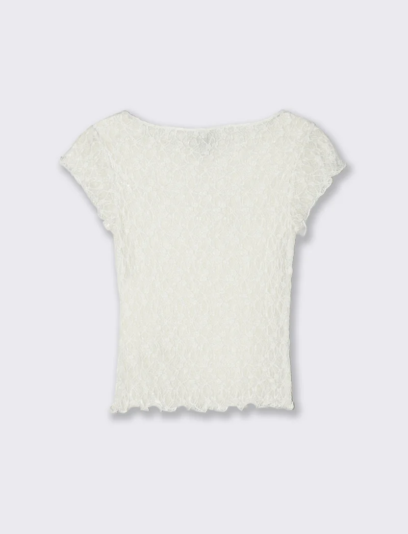 T-shirt in pizzo con scollo a barca - Avorio