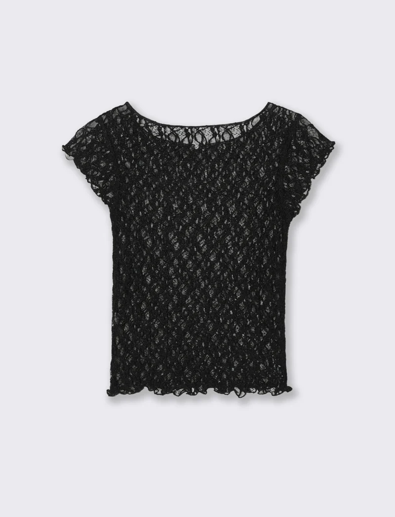 T-shirt in pizzo con scollo a barca - Nero