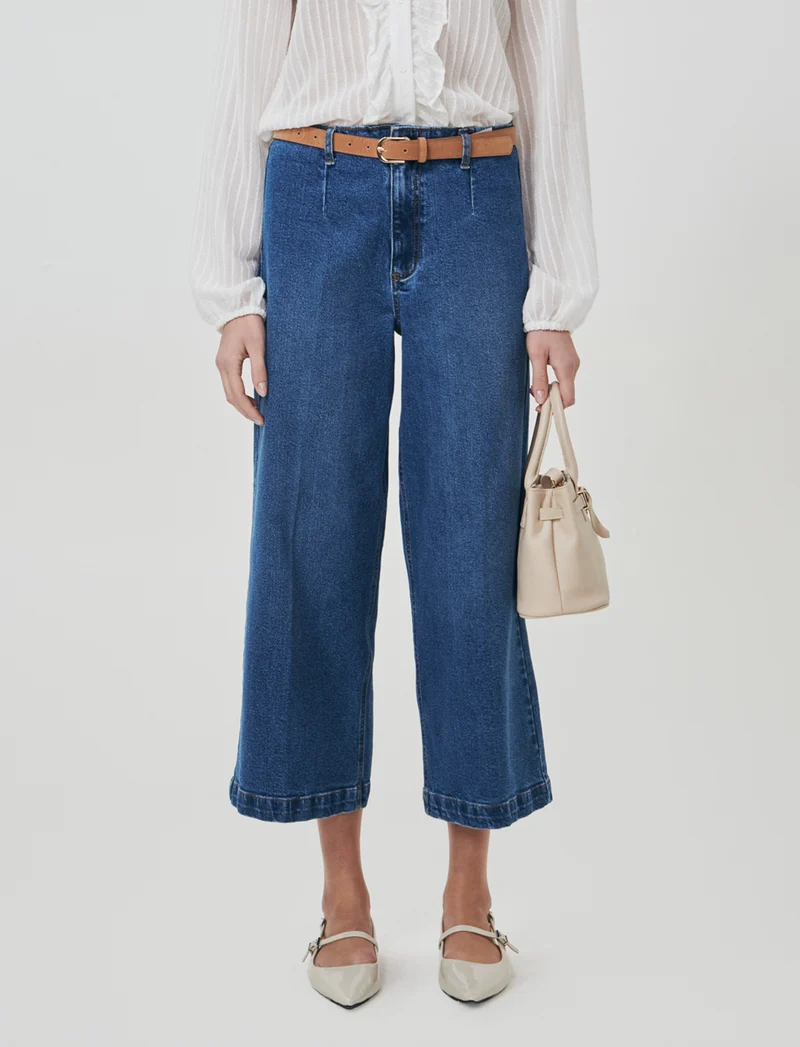 Jeans Gamba Larga con Cintura e Tasche - Denim