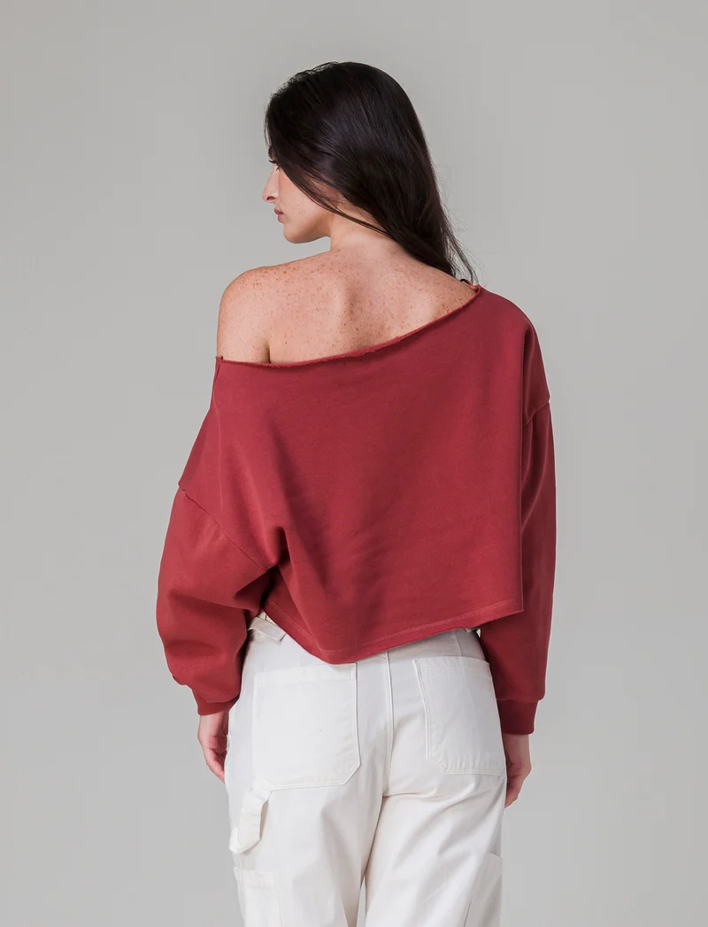 Felpa crop off shoulder da donna - Rosso mattone