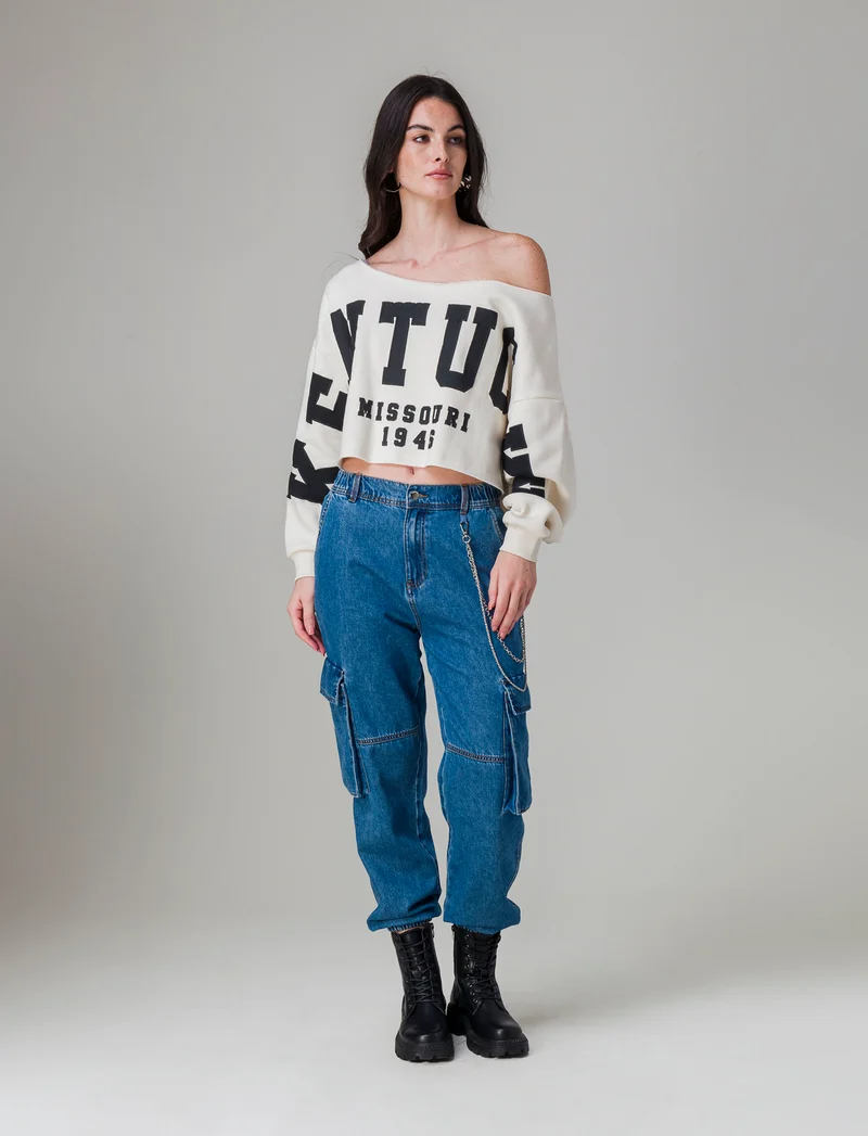 Felpa crop off shoulder da donna - Avorio
