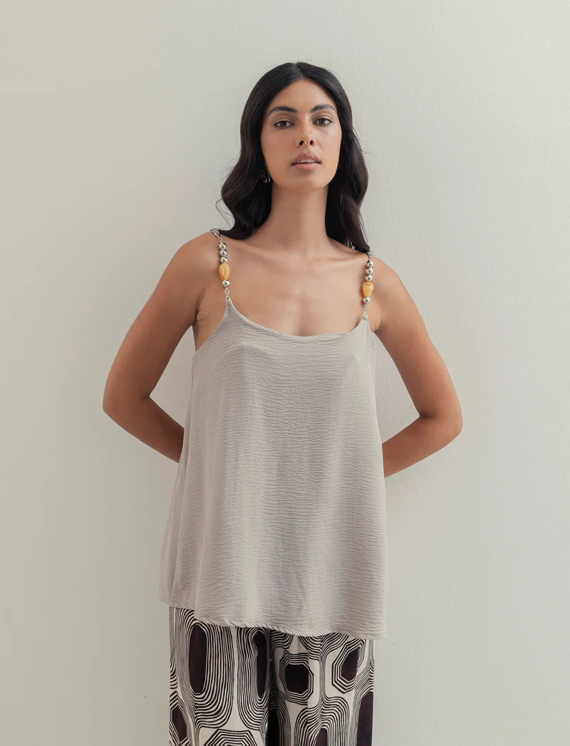 Top con bretelle con accessorio - Grigio fango