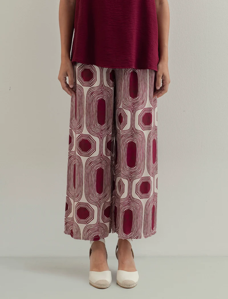 Pantalone largo stampato in viscosa - Rosso india
