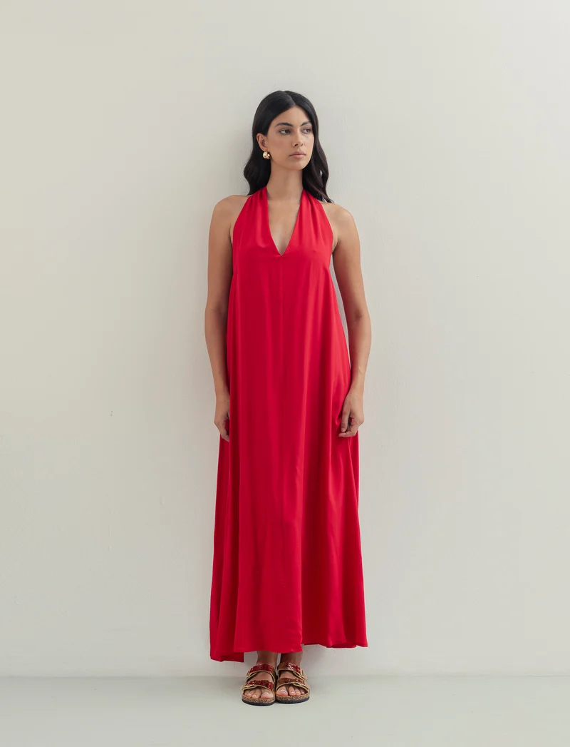 Vestito lungo in viscosa con incrocio sulla schiena - Rosso