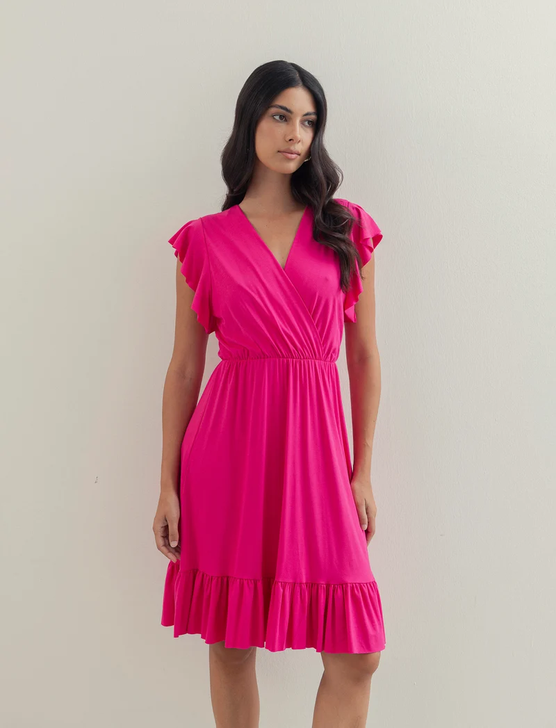 Vestito lungo con volants per donna - Fuxia