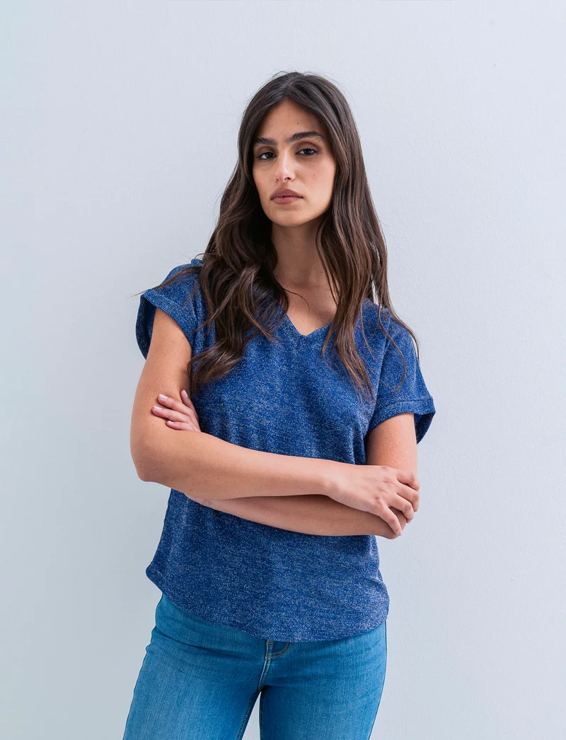 TSHIRT IN TESSUTO LUREX CON SCOLLO A V - Blu