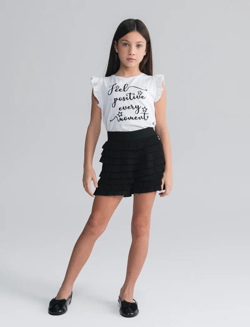 Shorts in georgette con balze da bambina - Nero