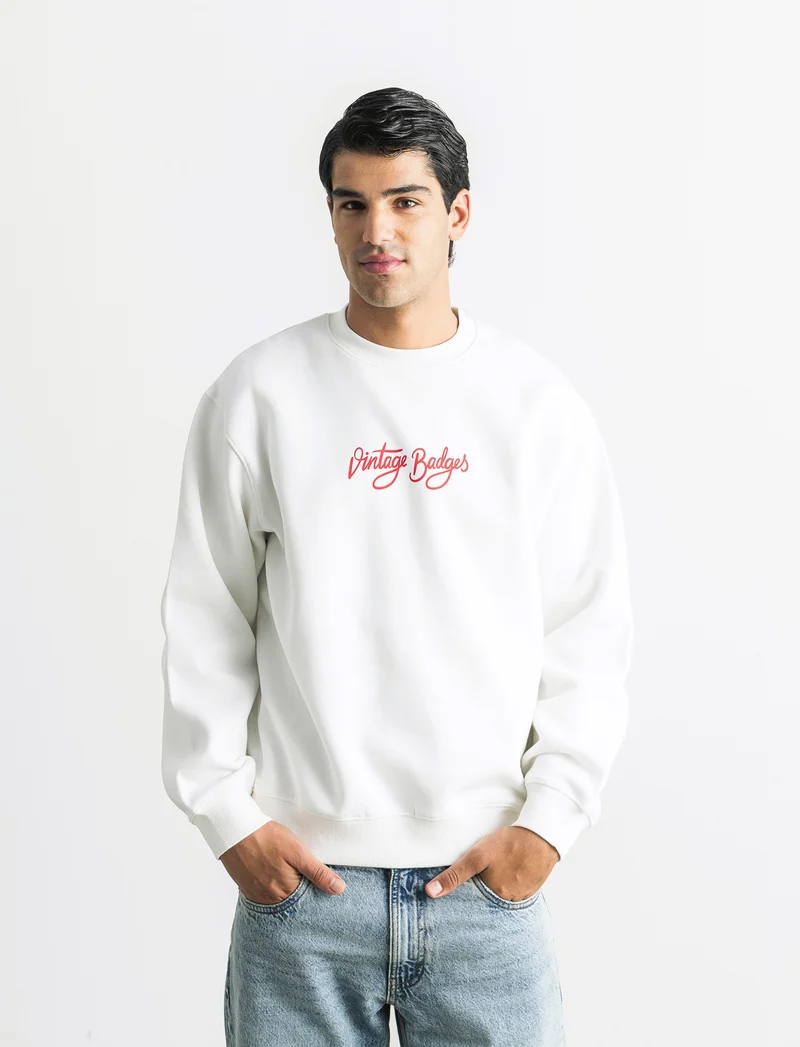 FELPA GIROCOLLO BOXY FIT CON RICAMO E STAMPA - Bianco