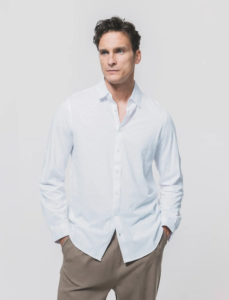 Camicia Jersey Slub Collo Coreano - Bianco