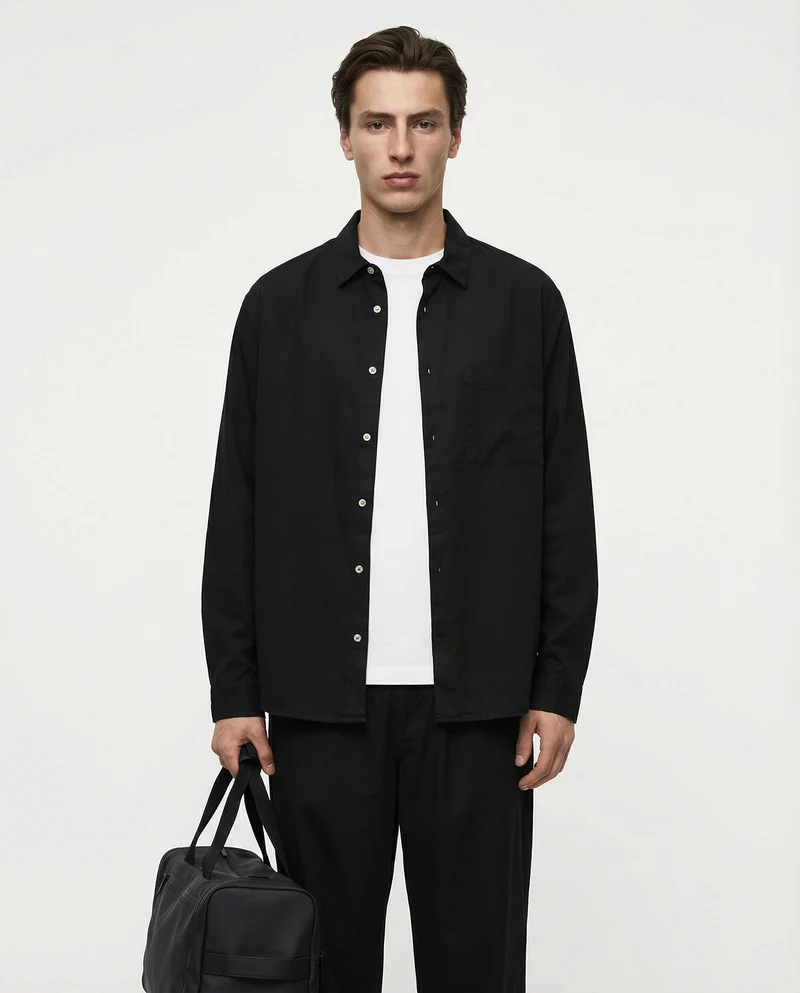 Camicia cropped in lyocell e cotone - Nero